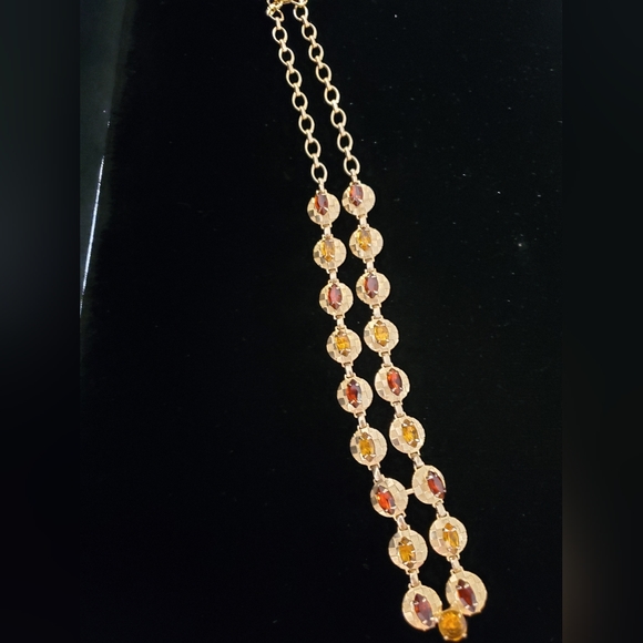 Vintage Textured Saucer Fall Rhinestone "V" Necklace Bolo Style 16 Inch 1970's - Picture 8 of 11